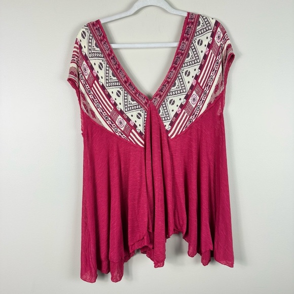 Free People Top Womens Small Deep V-Neck Flowy Floral Boho Red Pink Oversized - Picture 2 of 6